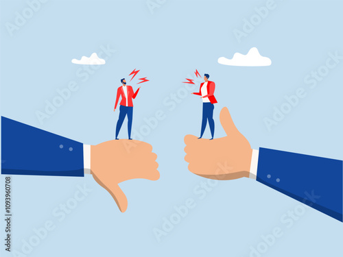 Customer feedback, thoughtful businessman team discussion thumbs up and thumbs down feedback.Conflict and argument between colleagues, controversy or difference opinion, disagree vector