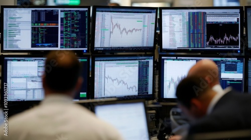 Trading floor bustling with activity, traders focused on multiple screens, symbolizing the fast-paced world of finance and data-driven decision-making.