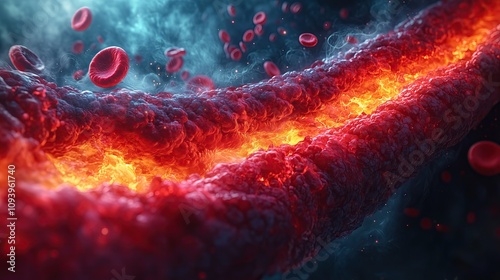 Detailed view of a blood vessel with normal blood flow in a healthy section, as atherosclerotic plaques caused by cholesterol buildup appear, creating a visible blockage in blood flow. photo