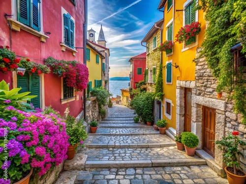 Panoramic View of Rovinj's Charming Cobblestone Streets and Stairways, Showcasing the Unique Architecture and Vibrant Colors of Croatia's Coastal Gem