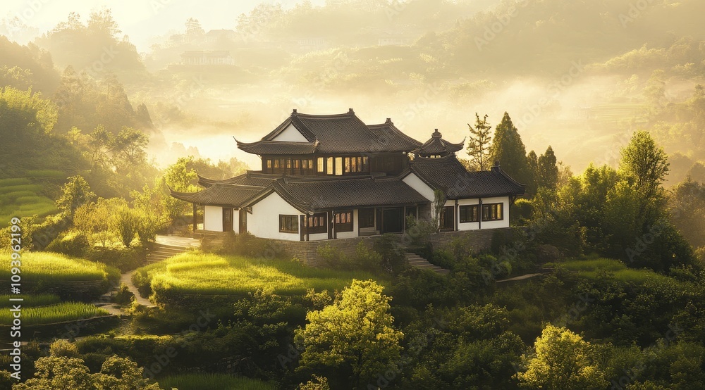A traditional Chinese-style house nestled amongst rolling hills, bathed in the warm glow of the morning sun. Sunlight streams through the mist, creating a serene and picturesque scene. A traditional Chinese-style house nestled amongst rolling hills, bathed in the warm glow of the morning sun. Sunlight streams through the mist, creating a serene and picturesque scene.