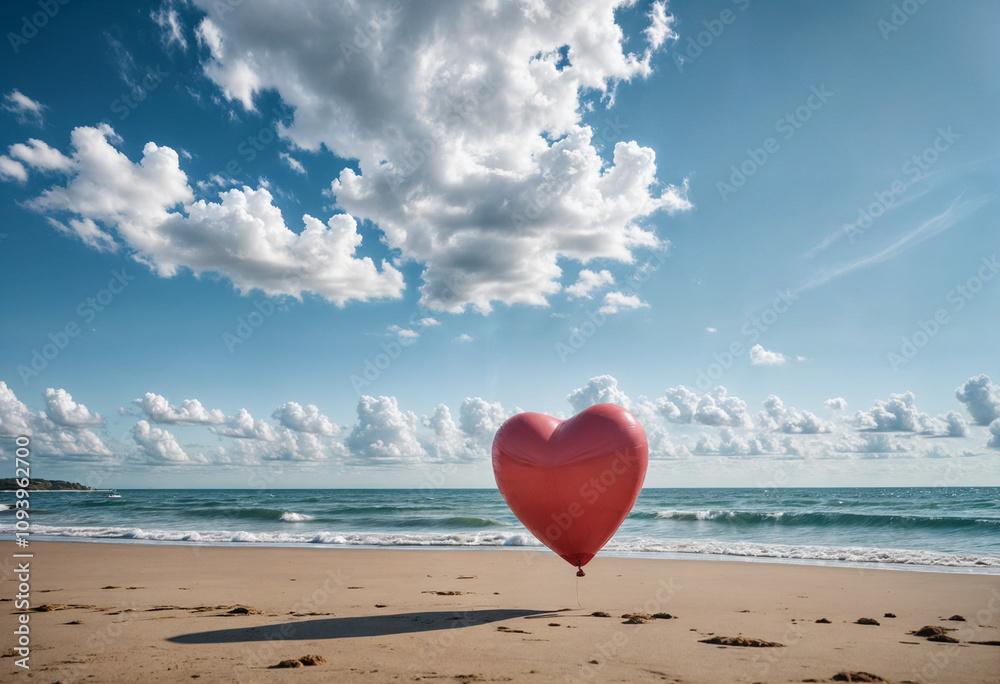 Fototapeta premium View of heart shaped balloon floating at the beach - generated by ai