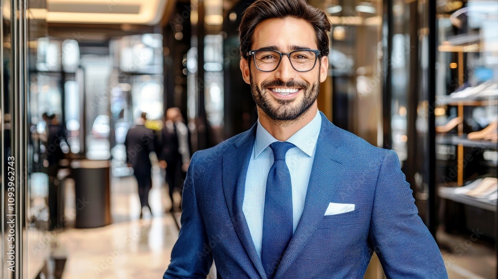 Confident Businessman in Blue Suit Smiling in Modern Retail Environment, Showcasing Professionalism and Style with Elegant Background and Bright Atmosphere Confident Businessman in Blue Suit Smiling in Modern Retail Environment, Showcasing Professionalism and Style with Elegant Background and Bright Atmosphere