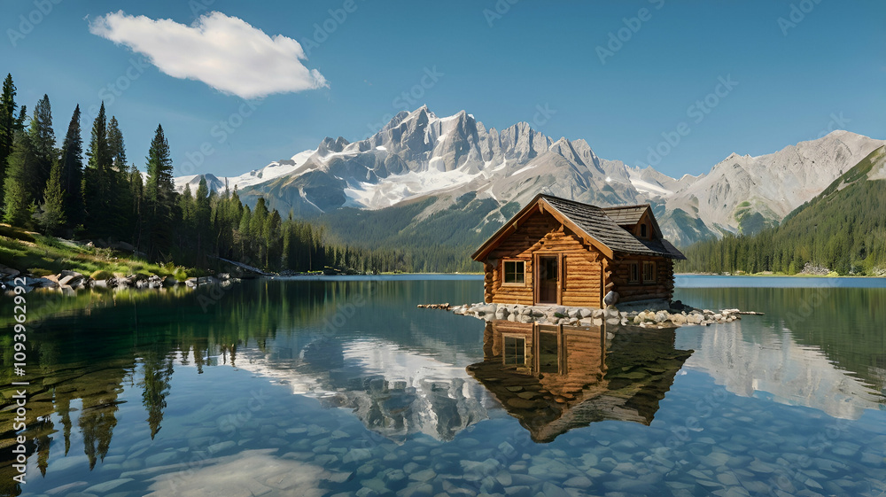 Fototapeta premium lake in the mountains, Crystal-Clear Alpine Lake Reflecting Snow-Capped Mountains