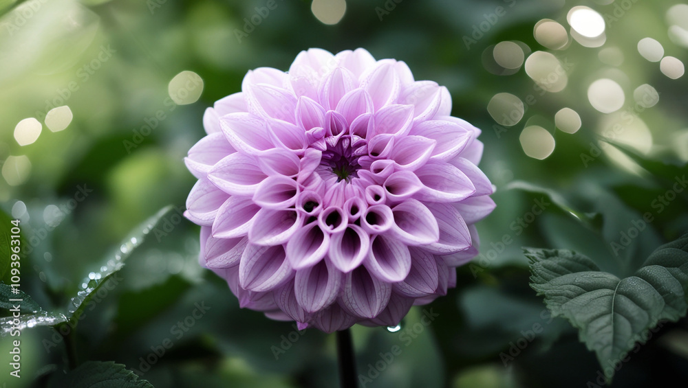 Obraz premium A mesmerizing lilac dahlia in full bloom, surrounded by lush, dark green foliage.