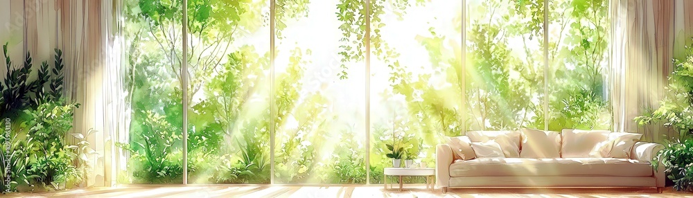 Bright and Airy Living Room Bathed in Natural Light with Lush Green Plants and Large Windows Inviting Freshness and Serenity Inside Bright and Airy Living Room Bathed in Natural Light with Lush Green Plants and Large Windows Inviting Freshness and Serenity Inside