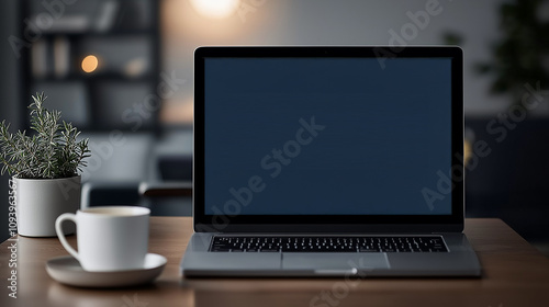 modern workspace featuring laptop, coffee cup, and plant