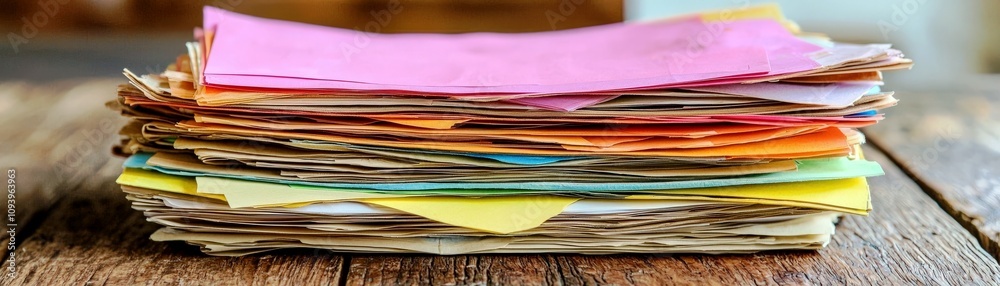 Colorful Pile of Miscellaneous Paper Stacks on a Wooden Table in an Office Environment, Perfect for Illustrating Clutter, Organization, or Document Management Themes Colorful Pile of Miscellaneous Paper Stacks on a Wooden Table in an Office Environment, Perfect for Illustrating Clutter, Organization, or Document Management Themes