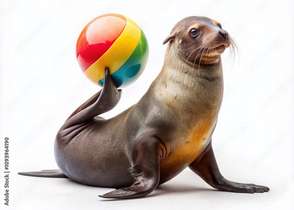 Naklejka premium Playful Fur Seal Balancing a Colorful Ball on a White Background, Captured with Drone Photography for Unique Wildlife Imagery