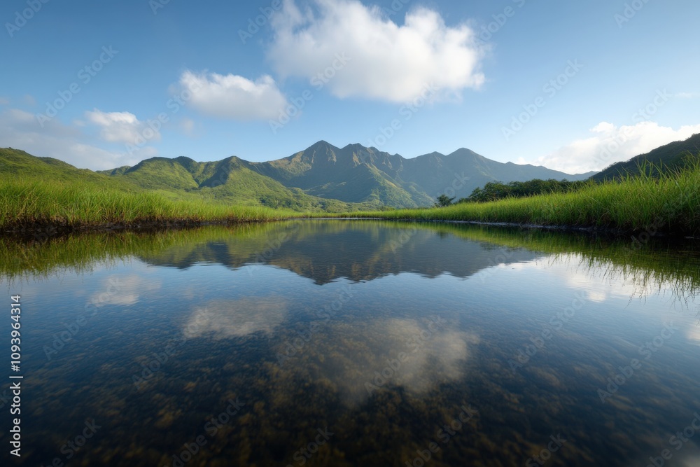 serene landscape with mountains reflecting in calm water serene landscape with mountains reflecting in calm water