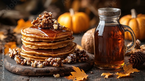 A Thanksgiving morning breakfast scene with pumpkin pancakes, maple syrup, and festive mugs