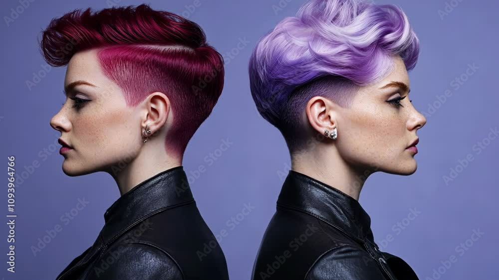 Stylish hair transformation showcasing vibrant purple and red short hairstyles on models