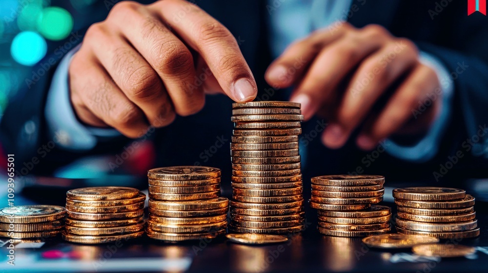 Close-up of a person's hands arranging stacks of coins on a black table, showcasing financial success and investment strategy in a professional setting Close-up of a person's hands arranging stacks of coins on a black table, showcasing financial success and investment strategy in a professional setting