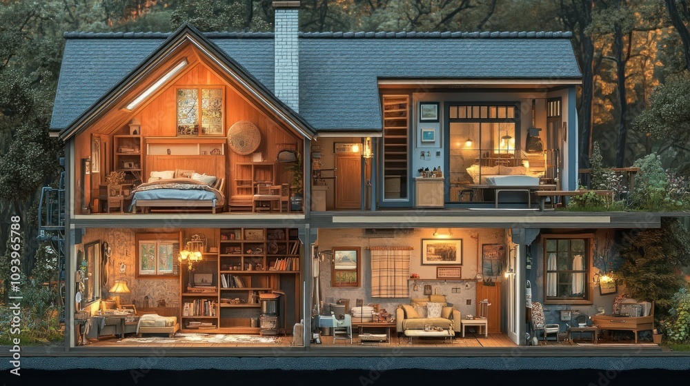 A cozy, detailed cross-section of a modern home showcasing various living spaces. A cozy, detailed cross-section of a modern home showcasing various living spaces.