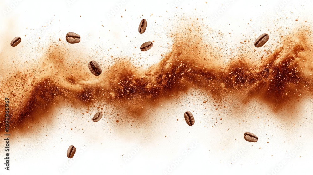 Coffee bean explosion, brown powder cloud, isolated on white. Coffee bean explosion, brown powder cloud, isolated on white.