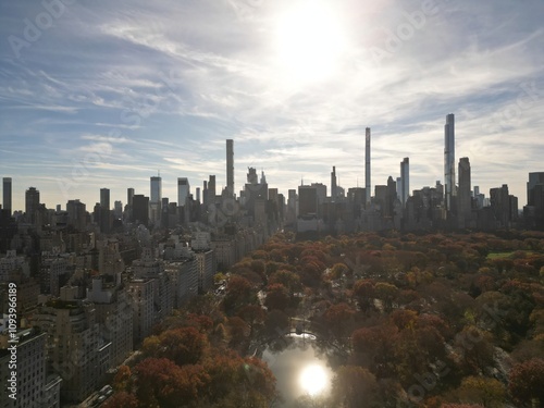 New York Autumn Fall. Autumnal New York Central Park view from drone. Aerial of New York City Manhattan Central Park panorama in Autumn. Central Park during autumn in New York City. photo