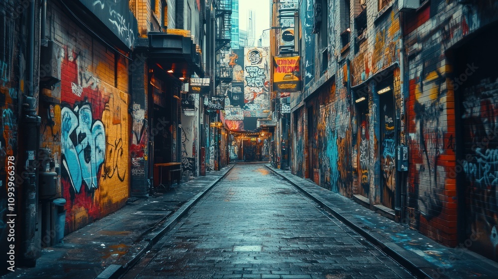 Fototapeta premium A vibrant urban alleyway adorned with colorful street art and graffiti, reflecting local culture.