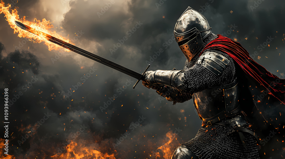 Naklejka premium Knight in battle, sword raised, against a dark, stormy sky, medieval battle, conflict and valor. Flaming Sword Duel. Illustration