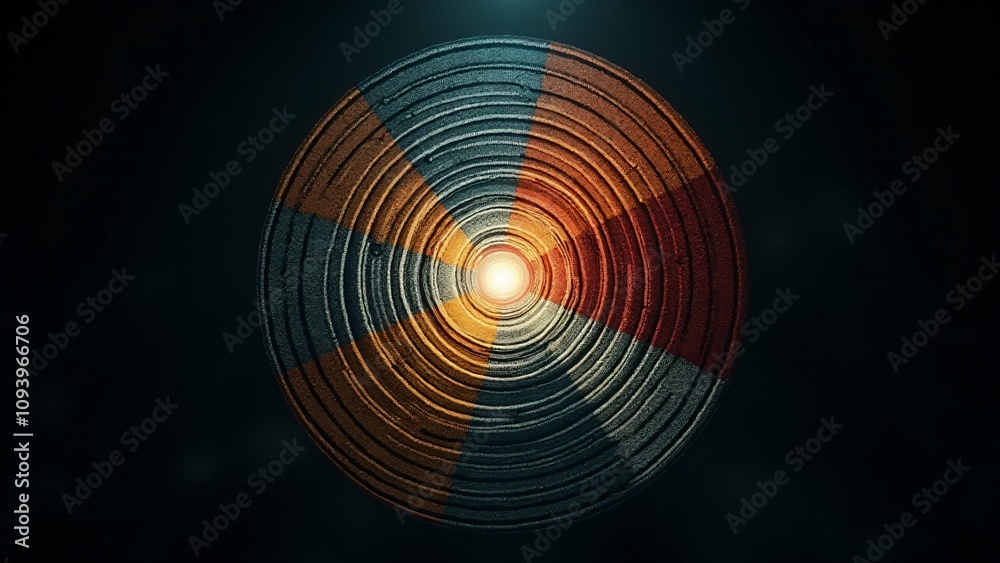 A striking circular abstract design featuring segmented colors and textured rings, illuminated by a glowing light in the center, symbolizing energy, focus, and innovation. A striking circular abstract design featuring segmented colors and textured rings, illuminated by a glowing light in the center, symbolizing energy, focus, and innovation.