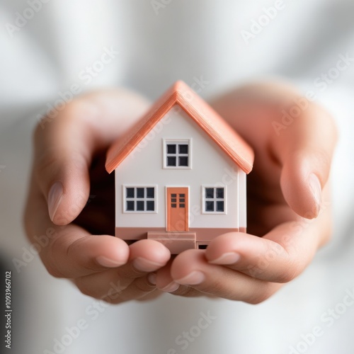 hands holding a miniature house model representing home ownership and real estate concepts