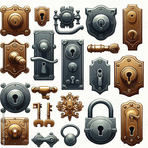 Door Locks and Handles set vector illustration