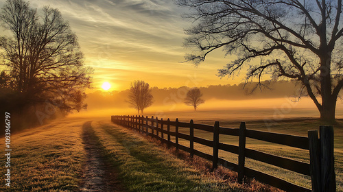 A peaceful rural winter morning with frost lining the edges of a mist-covered field and a soft sunrise in the background.  photo