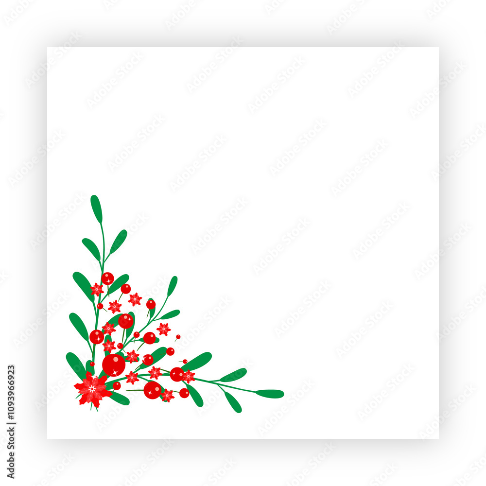 Red and Green Floral Christmas Background. Blank White Square Christmas Background with Shadow Red and Green Floral Christmas Background. Blank White Square Christmas Background with Shadow