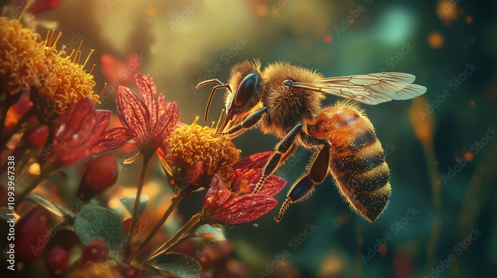 Bee pollinating flowers natural garden macro photography vibrant environment close-up view nature's beauty and ecosystem impact