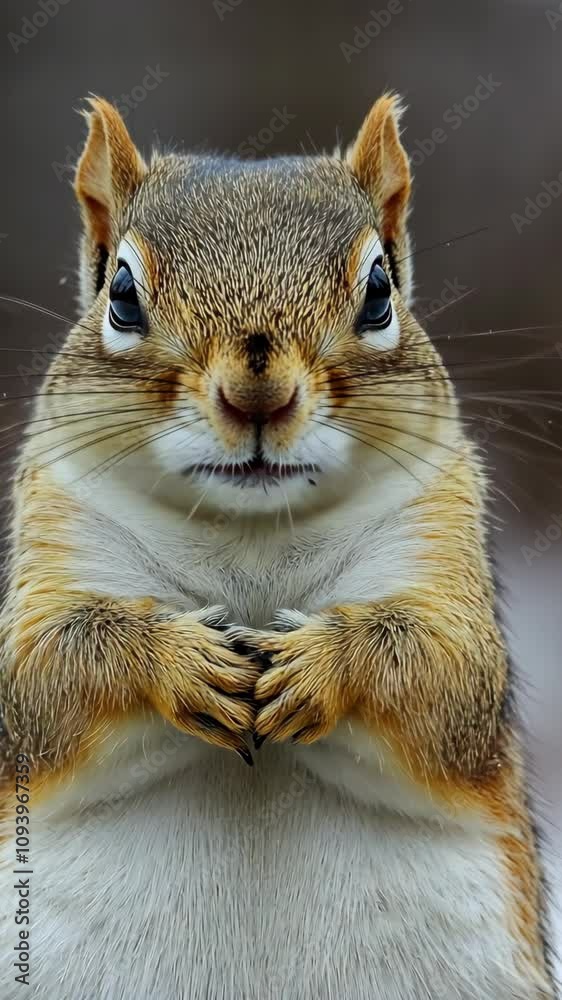 Squirrel sitting upright with paws clasped in a natural setting during early morning hours Squirrel sitting upright with paws clasped in a natural setting during early morning hours