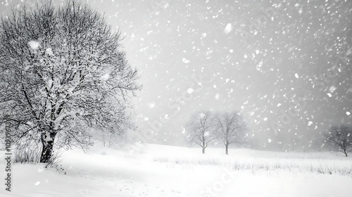 A powerful winter storm with heavy snow and strong winds, creating a dramatic grey-white blizzard scene. 