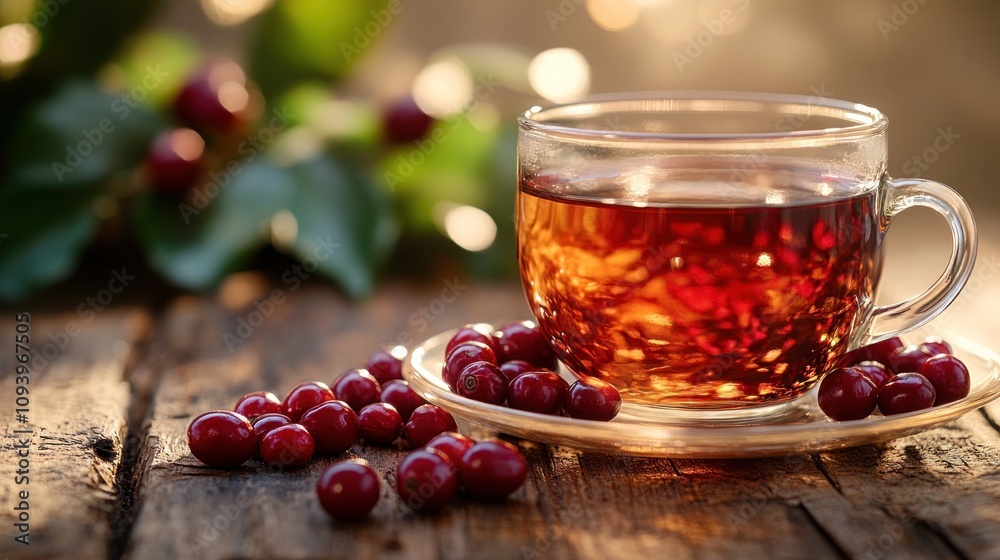 Coffee cherry tea in glass cup on rustic wood. Coffee cherry tea in glass cup on rustic wood.