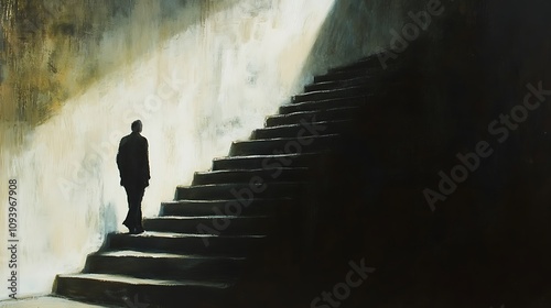 A lone figure ascends a shadowy staircase, bathed in a single beam of light. AI Generated