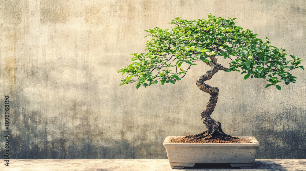 bonsai tree with soft muted green leaves stands elegantly in modern pot against textured wall, showcasing its intricate twisted trunk and serene beauty bonsai tree with soft muted green leaves stands elegantly in modern pot against textured wall, showcasing its intricate twisted trunk and serene beauty