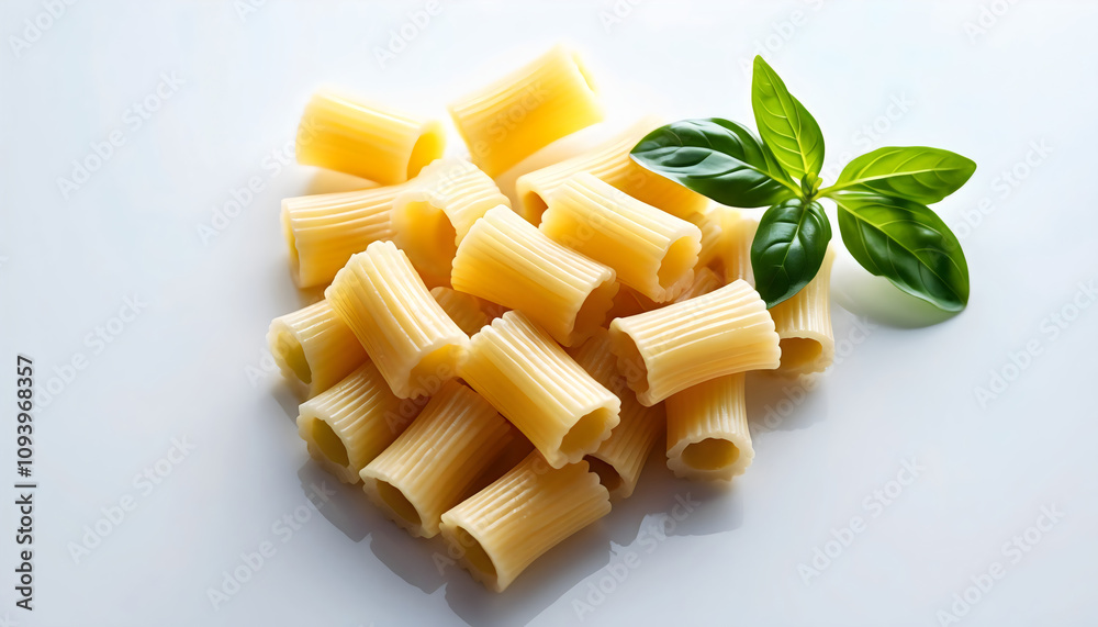 A close-up of uncooked rigatoni pasta arranged artfully with fresh basil, highlighting Italian cuisine's simplicity and flavor. A close-up of uncooked rigatoni pasta arranged artfully with fresh basil, highlighting Italian cuisine's simplicity and flavor.