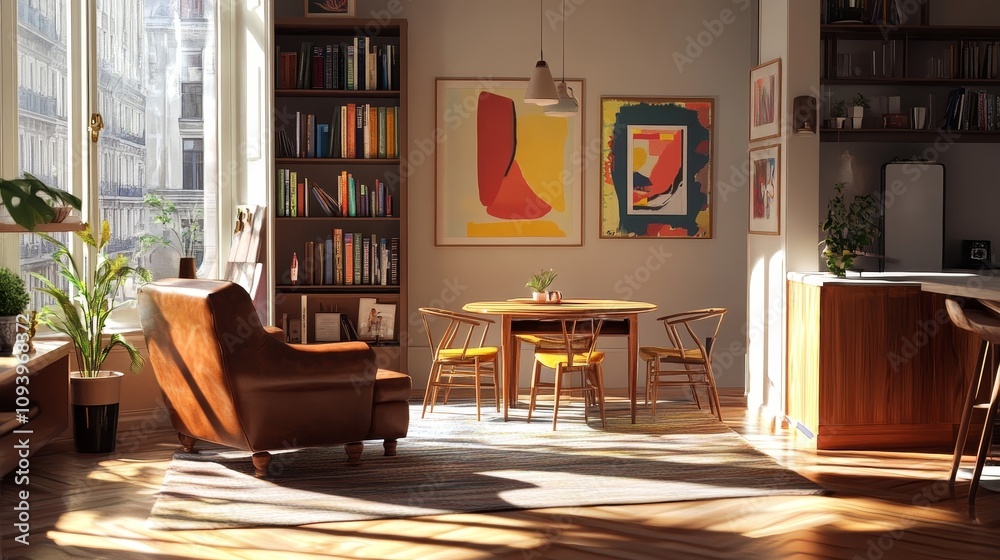 A modern, minimalist apartment with a dining table, chairs, a leather armchair, a bookshelf, and a large window. Sunlight streams through the window.