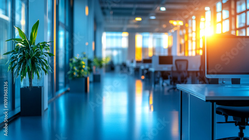 Sunlight streaming into a modern office space with plants and computer desks in the evening