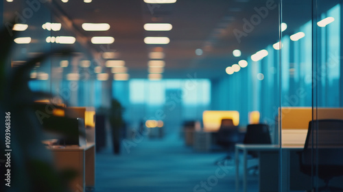 Modern office space with blurred background and warm lighting during evening hours