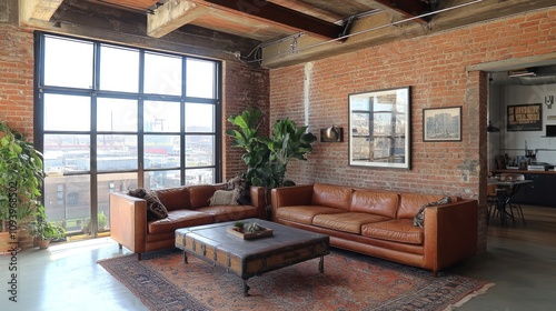 Wallpaper Mural Cozy industrial living room with leather sofas, a coffee table, and large windows. Torontodigital.ca