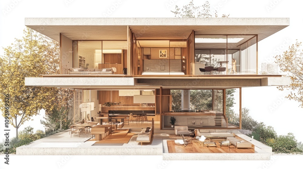 Modern architectural design showcasing a stylish, open-concept home with natural elements. Modern architectural design showcasing a stylish, open-concept home with natural elements.