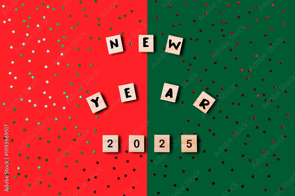 Colorful New Year greeting in bold letters on green festive background Colorful New Year greeting in bold letters on green festive background