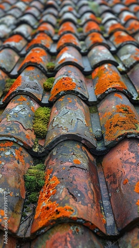 Close-Up of Weathered Red Tile Roof with Moss and Lichen