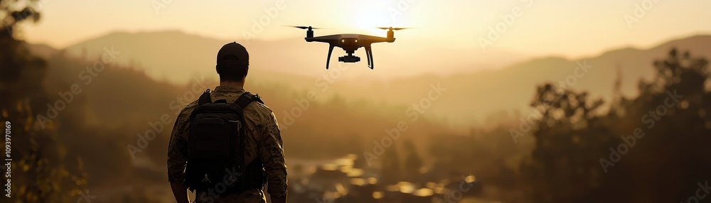 A Man Stands in Awe as a Drone Takes Flight at Sunset Over Rugged Terrain, Capturing a Sense of Adventure, Technology, and the Beauty of Nature in Harmony A Man Stands in Awe as a Drone Takes Flight at Sunset Over Rugged Terrain, Capturing a Sense of Adventure, Technology, and the Beauty of Nature in Harmony