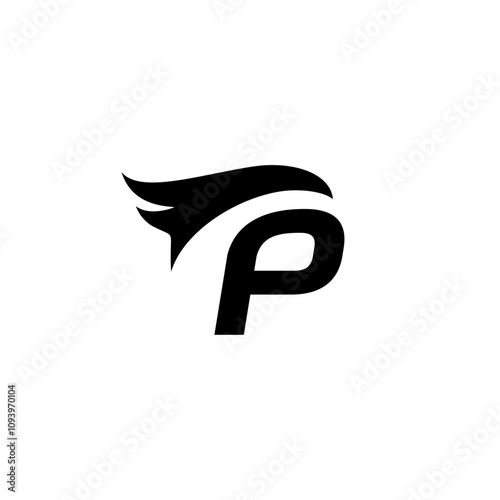 Black letter P with wing design symbolizing speed and power, perfect for sports logos, racing events, and athletic brands.