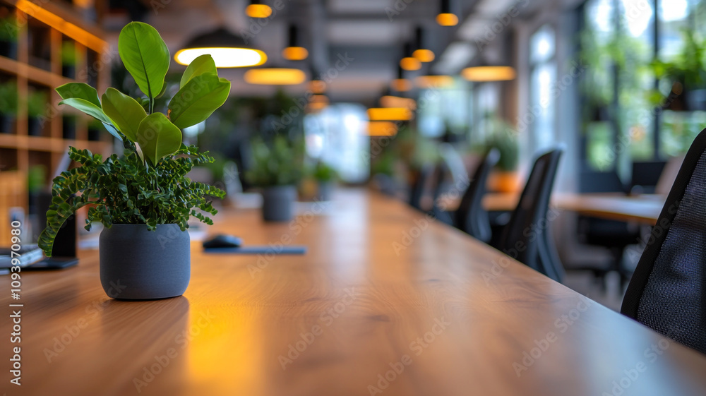Elegant workspace with plants and warm lighting in a modern office environment Elegant workspace with plants and warm lighting in a modern office environment