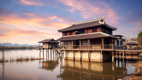 Old and traditional style Chinese house on stilts by the river photo