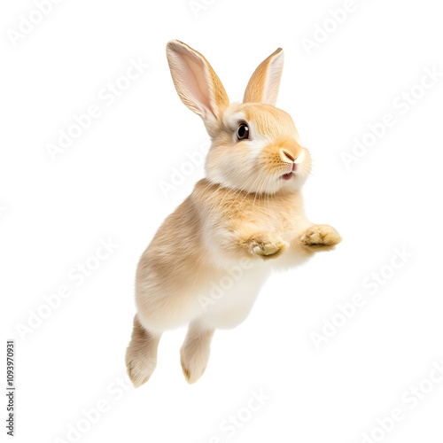 high resolution photograph of bunny hopping mid air, showcasing its playful nature and soft fur. This captures joy and energy of rabbit in motion photo