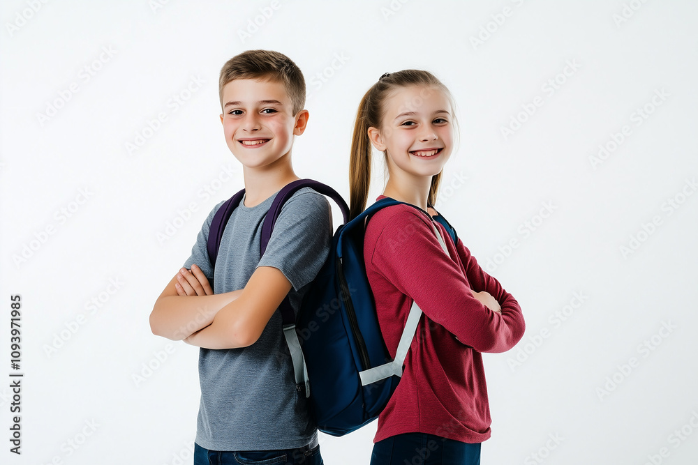Two happy schoolchildren, a boy and a girl, stand back to back with backpacks. They are smiling confidently, embodying youthful friendship and education in a studio setting. Two happy schoolchildren, a boy and a girl, stand back to back with backpacks. They are smiling confidently, embodying youthful friendship and education in a studio setting.
