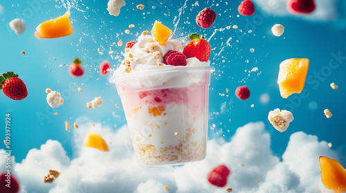 A vibrant yogurt parfait with fresh berries and fruits floats in mid-air against a blue sky. Perfect for concepts of freshness, health, and delicious summer treats.