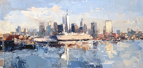 Impressionistic Cityscape Painting Featuring A Ship And Skyscrapers photo