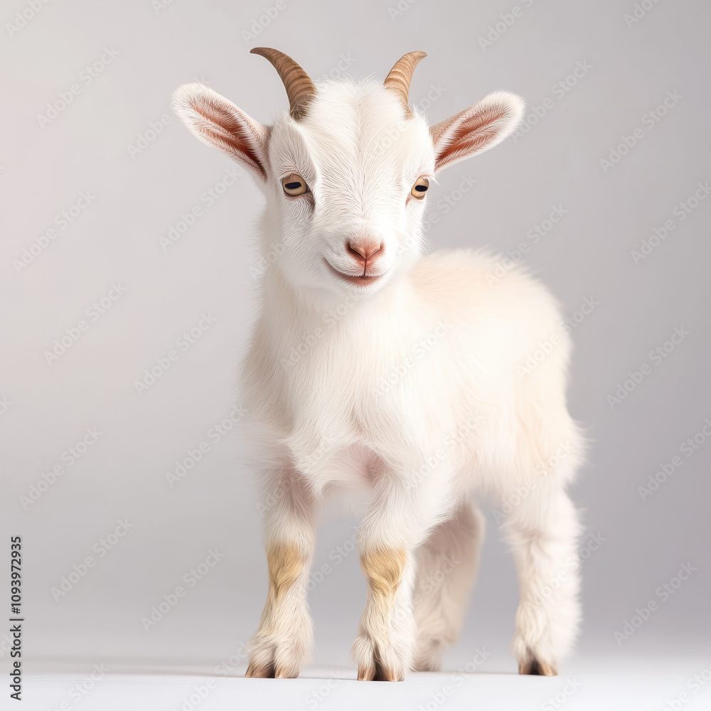 baby goat standing confidently on white background, showcasing its playful nature and adorable features. This charming animal exudes sense of curiosity and joy baby goat standing confidently on white background, showcasing its playful nature and adorable features. This charming animal exudes sense of curiosity and joy